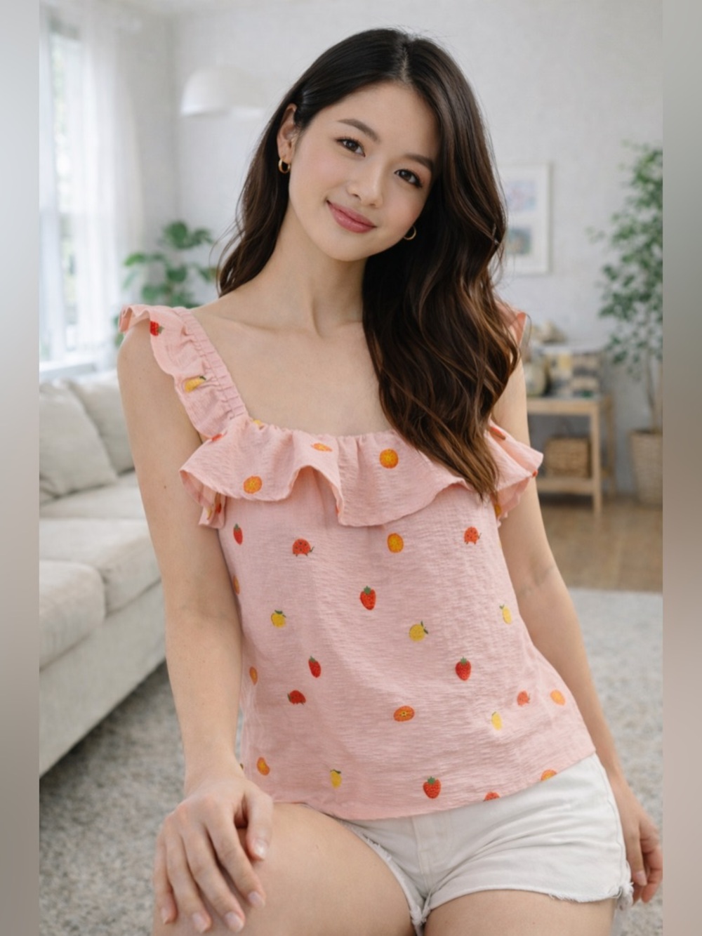 Pink Ruffle Top with Fruit Embroidery
